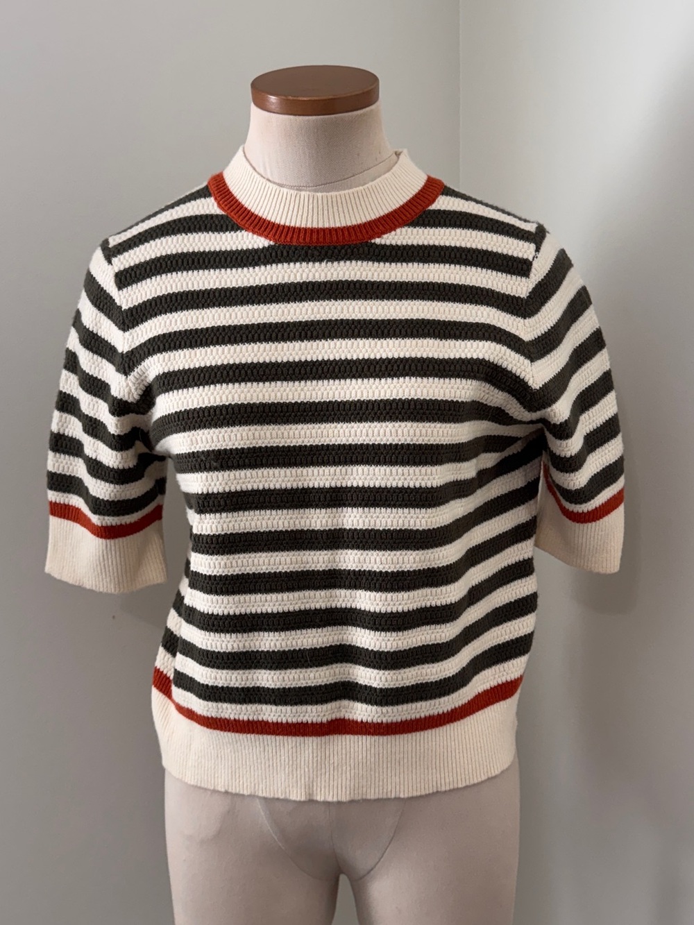 THML XS Striped Short Sleeve Knit Sweater Top in Cream & Black